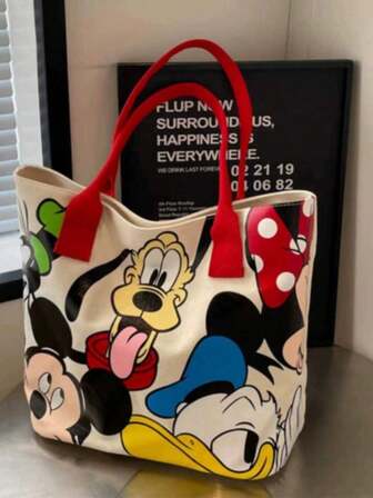 Bolso de lona con Mickey y Minnie. Este es un bolso de hombro casual para viajes con gran capacidad, adecuado para niñas. También se puede usar como bolso de mano. Un bolso para niñas, una opción ideal para viajes y regalos.