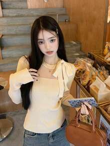 女士长袖蝴蝶结针织毛衣上衣，修身剪裁，适合叠穿，秋季款 - 杏色 - 查看 2