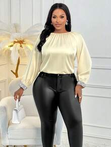 2025 Autumn And Winter Plus Size Cuff Bead Round Neck Shirt, Daily Wear For Parties And Outings - Beige - View 3