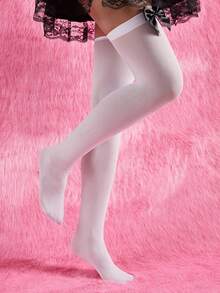 1双撞色蝴蝶结装饰过膝袜 - 白色 - 查看 4