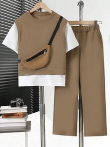 Boys' Casual Solid Color Patchwork 2 In 1 Short Sleeve Straight Leg Pants And Crossbody Bag Set, Spring/Summer - Khaki - View 1