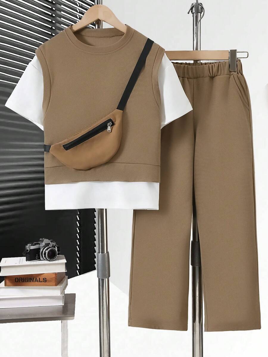 Boys' Casual Solid Color Patchwork 2 In 1 Short Sleeve Straight Leg Pants And Crossbody Bag Set, Spring/Summer - Khaki - View 1