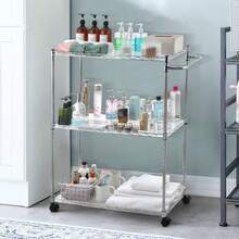 Carro utilitario de Cocina, 3 neumáticos de Metal con Ruedas y Estante de Almacenamiento Ajustable, Carrito de Almacenamiento de Alimentos de Metal Resistente con asa para Cocina, Restaurante - Plateado - Ver 1