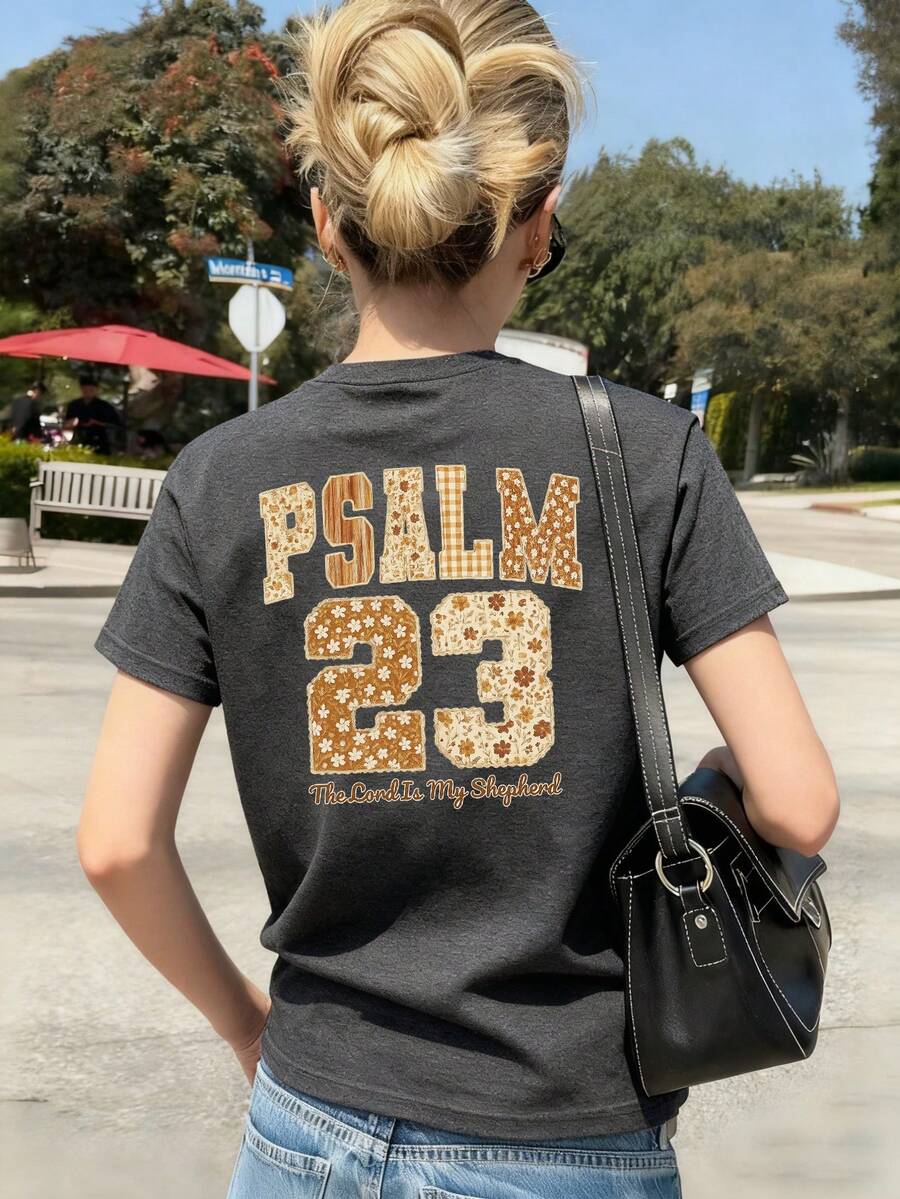 Girls & Teens' Casual Pink Graphic Print Crew Neck Short Sleeve T-Shirt, Summer Top - Dark Grey - View 1