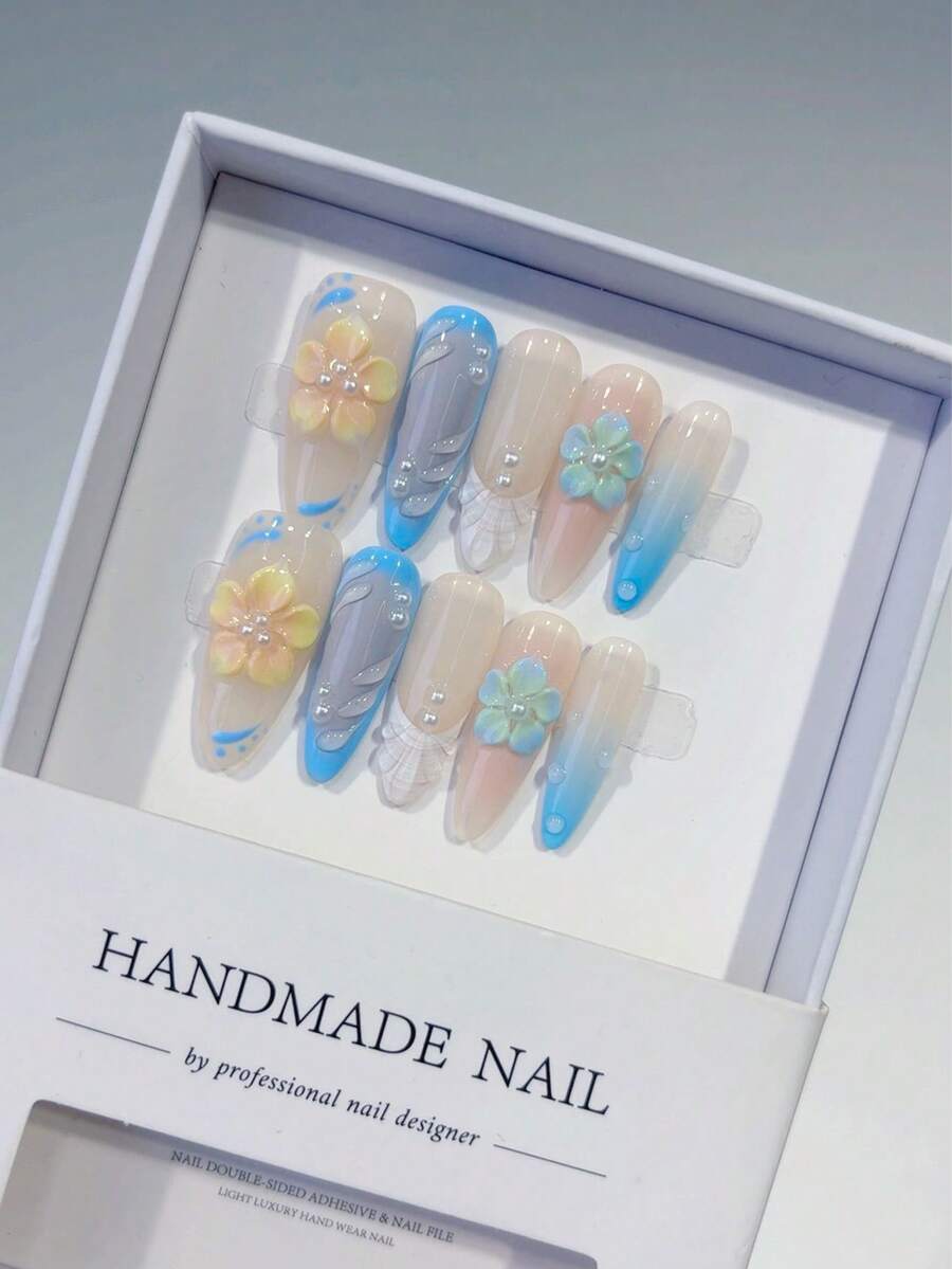 10pcs Handmade Elegant Nude Almond-Shaped French Manicure Nail Stickers, Blue Ombre French Pointed Tips, Shell Pattern, 3D Floral, White Pearl, Nail Art Supplies, DIY Nail Stickers, Nail Art, Acrylic False Nails; Suitable For Parties, Daily Wear, Weddings; Great Gift For Girls And Women; Includes 1pc Jelly Gel And 1pc Mini Nail File. - Pink - View 1