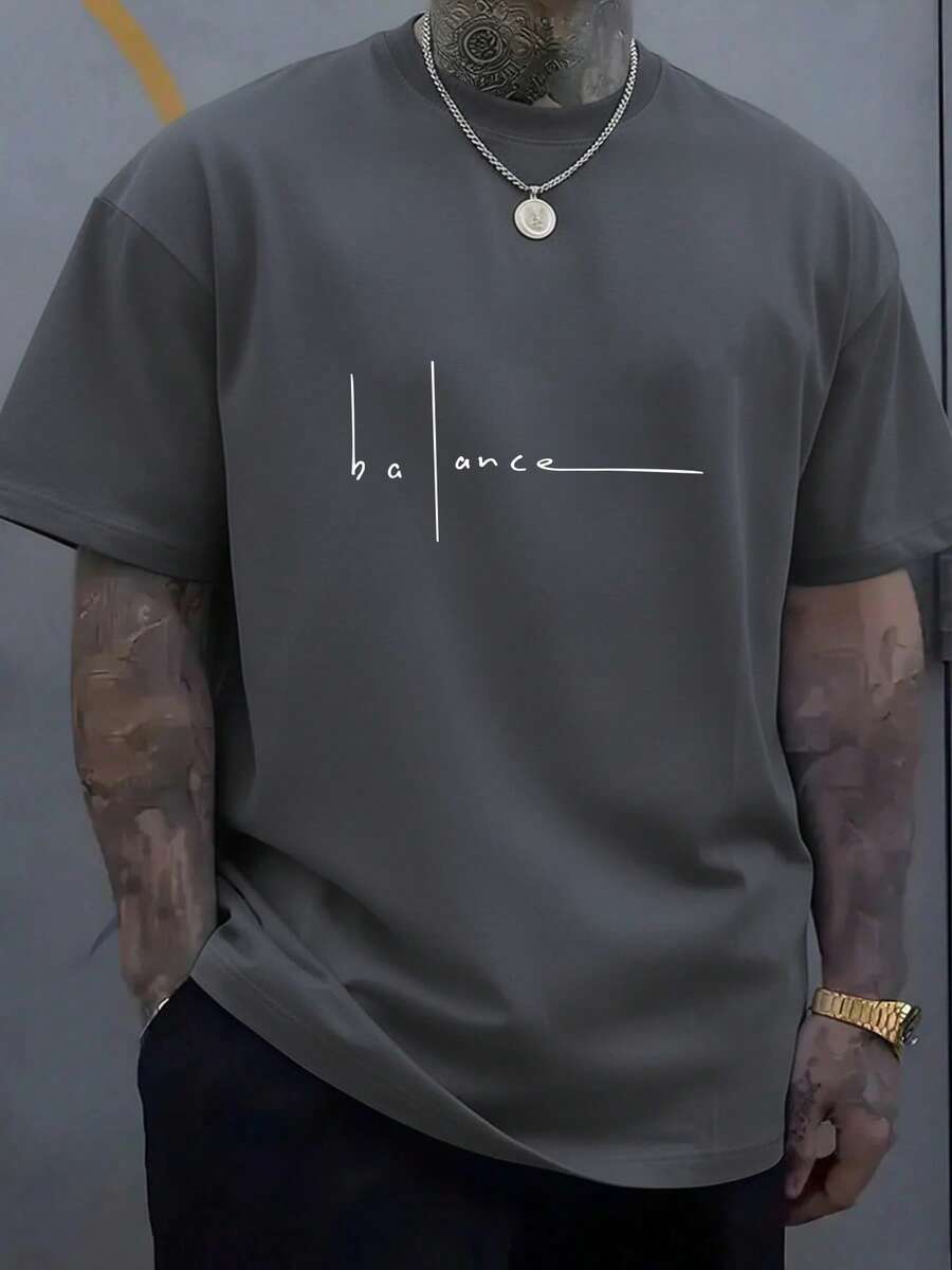 男士加大码简约字母印花圆领短袖休闲T恤 - 深灰色 - 查看 1