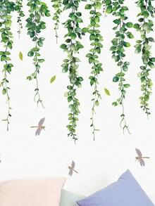 2pcs Green Plant Vine Dragonfly Wall Stickers, Decorative Self-Adhesive Mural For Living Room, Entrance, Bedroom, Can Be Removed, Suitable For Room, Bedroom, Study, Children's Room, Balcony, Garden Decoration