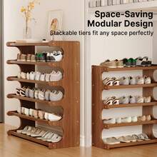 Senmeo 4/5/6-Tier Natural Wood Color Wooden Shoe Rack - Multi-Layer Freestanding Shoe Storage Organizer With Wood Grain Finish, Stackable Shoe Shelves For Entryway, Closet, Hallway, Mudroom, And Front Door, Space-Saving Narrow Shoe Organizer Fits 15-24 Pairs Of Shoes, Easy Assembly Home Storage Supplies For Renters​ - 6層70茶色 - 查看 4