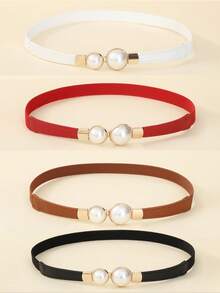 1/3pcs Women Elastic Waist Cincher, Pearl Buckle Skinny Belt, Bow Tie Elastic Waistband, Fashion Versatile Waist Belt For Dress, Sweater, Jacket, Alloy Buckle Waist Belt For Women - Multicolor - View 2