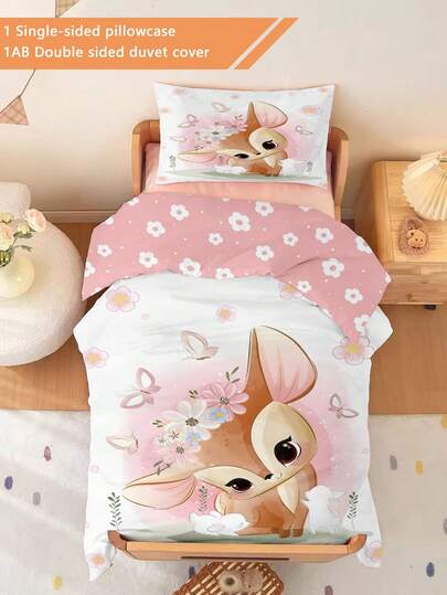 2 PIEZAS Juego de edredón con estampado de ciervos de estilo princesa rosa (Colección de cuatro estaciones) Edredón de doble cara 100% poliéster (1 funda de almohada impresa por un solo lado + 1 funda de edredón impresa por ambos lados, sin material de relleno) para bebés y niños, lavable a máquina, adecuado para cunas de recién nacidos, ideal para regalar en vacaciones. La funda de almohada está impresa por un solo lado y mide 33 * 45 cm