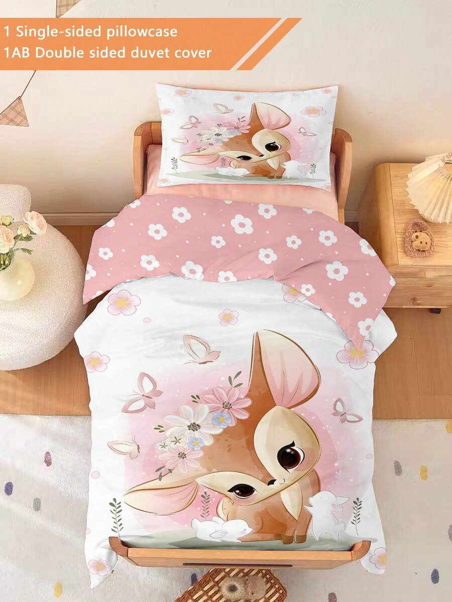 2PCS Pink Princess Style Cartoon Deer Print Duvet Cover Set 100 Polyester For InfantsMachine Washable For Newborn Bed Crib Holiday Gift - Multicolor - View 1