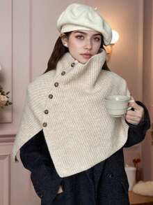 1pc New Knitted Women Shawl/Autumn Winter Fashion Multi-Color Warm Poncho, Winter Accessory Women Vest/Comfortable Neck Warmer Golden Accessory, Versatile Cleopatra Style Button-Up Cardigan For Dress - Multicolor - View 8