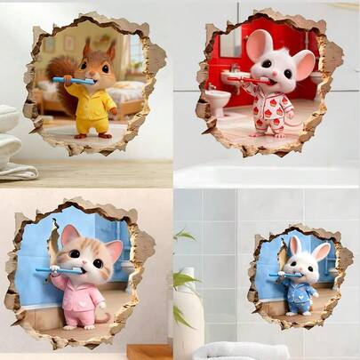 1pc Cute Cartoon Animal Wall Sticker (Broken Wall Effect), Removable, Self-Adhesive, Waterproof PVC Bathroom Decorative Sticker, Suitable For Sinks, Children's Rooms, Living Rooms, Bedrooms, And Home Decoration.