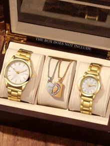 2pcs/Set Fashion Business Couple Watches, Round Dial, Steel Strap Quartz Watch, Couple Gift Set, Suitable For Holidays And Daily Wear - Gold - View 3