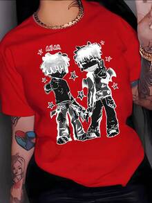Two Youthful Characters With Messy Hair And Friendly Gestures Surrounded By Stars Evoke Urban Energy And Free Spirit. Women's T-Shirt 100% Cotton 220g - 紅色 - 查看 8
