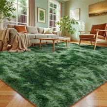 Ivory Fluffy Shag Rug For Bedroom, Soft Plush Shaggy Area Rug For Living Room, Modern Cozy Carpet, Non-Slip Backing, Bonus 4 Rug Grippers Included, Dorm Home Decor, Sizes 4x6 5x7 6x9 8x10 9x12, Tie-Dye Green - Màu xanh đậm nhuộm loang - Xem 9