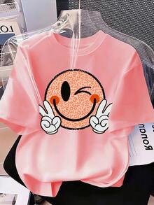 Tween Girls' Cartoon Smiling Face Print Crew Neck Casual Short Sleeve T-Shirt - Pink - View 3