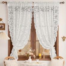 1件白色蕾丝薄纱窗帘，法式浪漫主题，花卉提花面料，杆袋式顶部设计，方便安装，适用于客厅、卧室、厨房、餐厅 - 優雅白色 - 查看 1