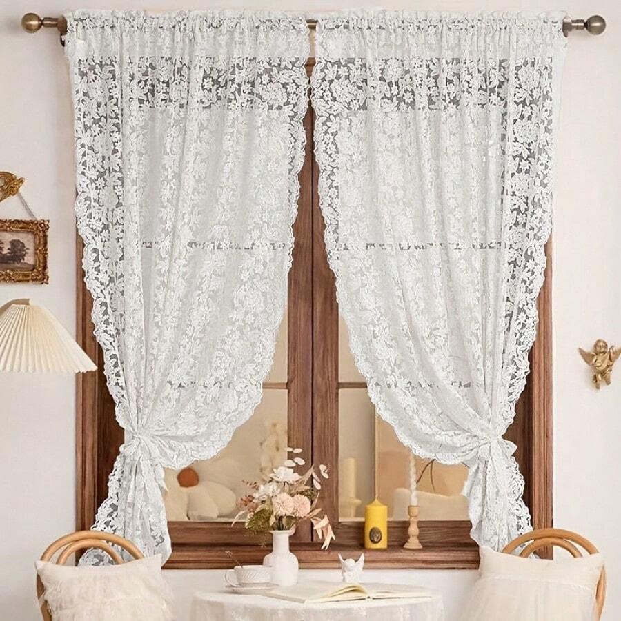 1件白色蕾丝薄纱窗帘,法式浪漫主题,花卉提花面料,杆袋式顶部设计,方便安装,适用于客厅、卧室、厨房、餐厅 - 優雅白色 - 查看 1