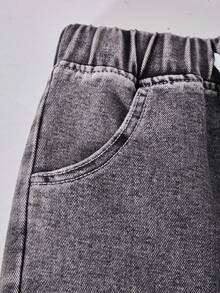 Celana Jeans Denim Kasual Kaki Lebar dengan Kantong Kargo untuk Remaja Perempuan - Hitam - View 3