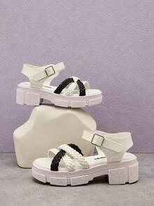 1 Pair Children's Woven Trim Decorated Faux Leather Anti-Slip Open Toe Criss-Cross Strap Buckle Ankle Strap Chunky Heel Casual Sandals, Suitable For Summer Daily Wear And Fashionable Outings - 黑與白 - 查看 12