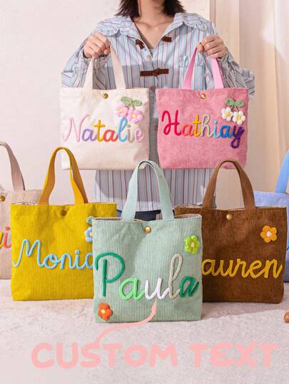 1pc Customized Name Tote Bag, Personalized Corduroy Name Tote Bag, Children's Name Tote Bag, Children's Gift, Christmas Gift, Children's Tote Bag, Christening Gift, Easter Gift