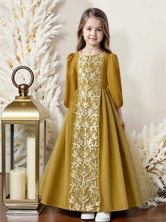 Ramadan Girls' Long Sleeve Dress, Islamic Style Golden Satin Embroidered Lace, Modest & Elegant