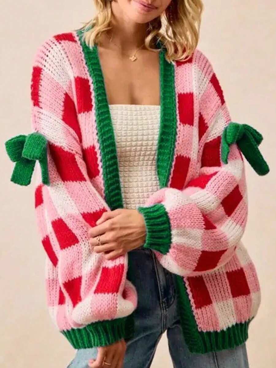 Acelitt Women's Loose Knit Cardigan With Plaid Pattern And Bow Decor, Suitable For Winter - متعدد الألوان - مشاهدة 1