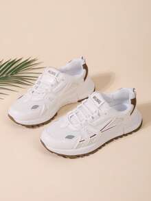 女士休闲运动鞋，春夏新款，厚底系带低帮圆头，网面透气，日常百搭，户外休闲白色鞋款 - 卡其色 - 查看 8