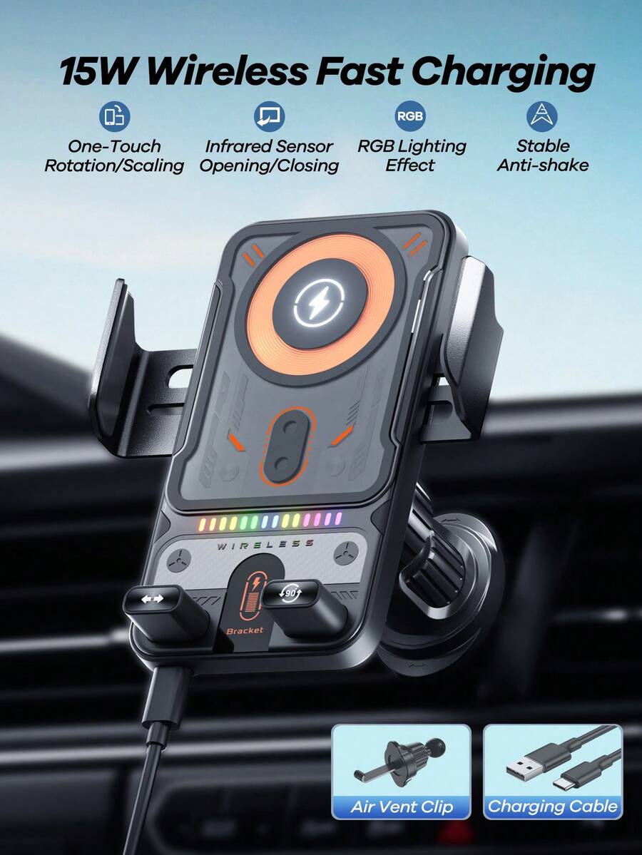 REMAX Giá đỡ điện thoại trên ô tô sạc nhanh 15W với đèn RGB bắt mắt, kẹp tự động xoay 90°, phụ kiện ô tô đa năng, cần thiết cho du lịch, tương thích với sạc Type-C của Apple/Android.