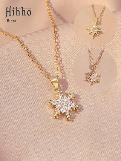 Hihho 1 件时尚高端百搭方晶锆石嵌入式简约雪花吊坠项链，优雅女士项链装饰礼物，精致吊坠项链，铜质女士吊坠项链