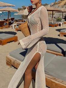 Beige Crochet Beach Cover Up Long Sleeve Hollow Out High Split Maxi Dress - Apricot - View 6