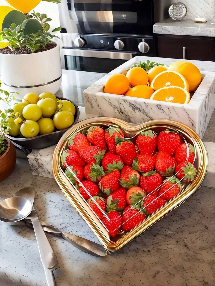 10Pcs Heart-Shaped Plastic Serving Trays With Lids - Multi-Purpose Large Capacity Snack Containers For Fruits, Sushi, Vegetables, Salads, And Cheese Boards - Transparent Design With Golden Rim - Perfect For Parties, Holidays, And Gift Giving