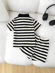 Fashionable Cute Bear Applique Black & White Striped Polo Collar Outfit For Baby Boys, Summer - Black - View 2