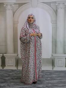 Plus Size Women's Floral Lace Trim Hooded Robe, Woven Fabric, Zipper Closure, Elegant & Comfortable Abaya For All Seasons Vacation Spring Fall - Multicolor - View 4