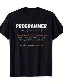 Funny Programmer T-Shirt - "Programmer" Definition Tee - Black With White Text - Heavy 220gsm Fabric - Ideal Gift For Programmers, Developers, Computer Geeks - Everyday Wearable Casual Clothing - Non-Stretchable Fabric - Adult Men's Clothing, Geek T-Shirt, Humorous Graphic T-Shirt, Regular Fit Shirt, Clothing For Tech Enthusiasts, Humorous Design, Durable Material, Tech Lovers - 黑色 - 查看 1