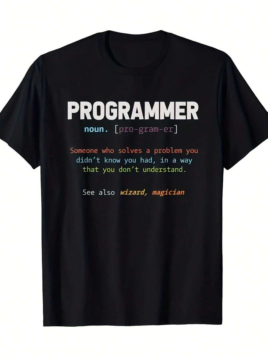 Funny Programmer T-Shirt - "Programmer" Definition Tee - Black With White Text - Heavy 220gsm Fabric - Ideal Gift For Programmers, Developers, Computer Geeks - Everyday Wearable Casual Clothing - Non-Stretchable Fabric - Adult Men's Clothing, Geek T-Shirt, Humorous Graphic T-Shirt, Regular Fit Shirt, Clothing For Tech Enthusiasts, Humorous Design, Durable Material, Tech Lovers - 黑色 - 查看 1