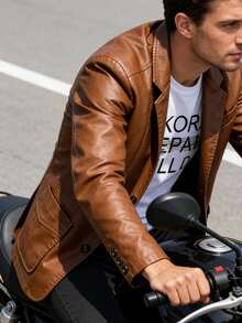 街头摩托车风格男士皮夹克 - 棕色PU皮夹克 - 适合日常骑行出行，送给男友或朋友的礼物，适合团体骑行，适用于春秋季。 - 棕色 - 查看 9