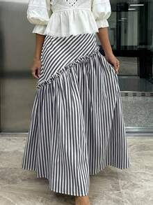 Women's Fashion Casual A-Line Striped Ruffle Hem Versatile Skirt - Black and White - View 4
