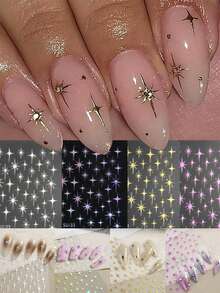 Gold Laser Star Burst Nail Stickers, French Manicure Nail Art Decals, Four-Pointed Star Nail Design Stickers With Adhesive Back - Multicolor - View 1
