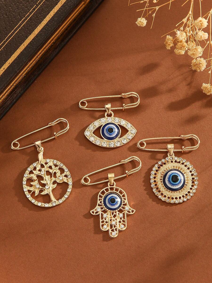 1pc Vintage Rhinestone Glass Devil's Eye/Tree Of Life/Palm Shaped Brooch Pin For Women, Suitable For All Seasons, Parties, Gifts, Work Wear - Brooch - View 1