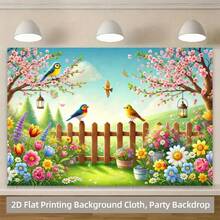 2D Flat Spring Floral Bird Backdrop - Durable Fabric, No Need For Hanging, Easy To Hang, Very Suitable For Photography, Live Streaming, Fence Background Tropical Style - 1PCS - View 3