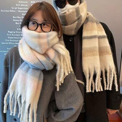 1 pieza Bufanda de pareja, suave, a prueba de viento, con decoración de flecos, a cuadros y rayas, cálida para el invierno, unisex, adecuada como regalo para el Día de San Valentín/cumpleaños