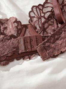 两件套女士性感内衣套装，棕色蕾丝花卉文胸套装，配有可调节肩带，浪漫情人节礼物