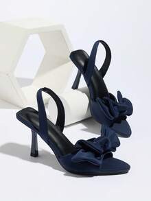 Giày sandal cao gót mũi nhọn bằng satin dành cho nữ, có nơ trang trí, quai cổ chân co giãn, phù hợp cho tiệc tùng, mặc hàng ngày, họp mặt, kỳ nghỉ, đi làm thanh lịch, mùa xuân/hè, thời trang, màu xanh navy, sandal nữ thanh lịch dễ phối với váy, chân váy, đám cưới - Màu xanh hải quân - Xem 13