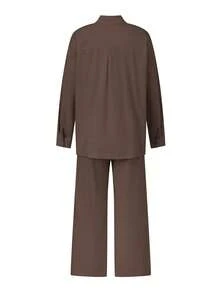 2Pcs Loungewear Sets For Women Solid Long Sleeve Lapel Collar Button Down Tops And Drawstring Elastic Waist Pants - Brown - View 2