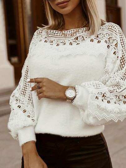 Fashionable Versatile Solid White Lace Patchwork Long Sleeve Casual Pullover Sweatshirt, Suitable For Daily Commute
