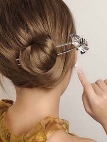 Elegant Faux Pearl & Ginkgo Leaf Metal Hair Clip, Graceful U-Shaped Ponytail Clip, Retro Chinese Style Hair Accessory, Bun Extension, Hair Styling Pins, Head Accessories, Hair Accessories For Women - Multicolor - View 9