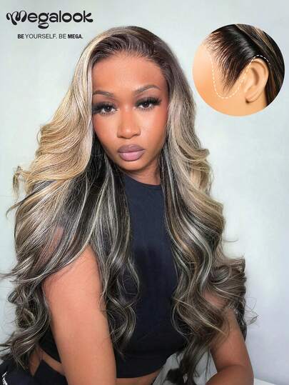 MEGALOOK 渐变铂金浸染升级版 13x6 Max Three-Go™ 蕾丝前假发，带抽绳，预剪裁耳到耳蕾丝，自然发际线，无需胶水，浸染颜色，180% 密度，波浪卷发