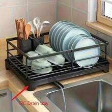 Heavy Duty ABS Plastic Dish Drying Rack With Drainage System, Designed To Save Space Above The Sink - Features Clog-Free Drainage Tray - Compact Countertop Dishwasher Compatible Rack, Ideal For Small Kitchens (Color: Gray As Per The Image) - Multicolor - View 1
